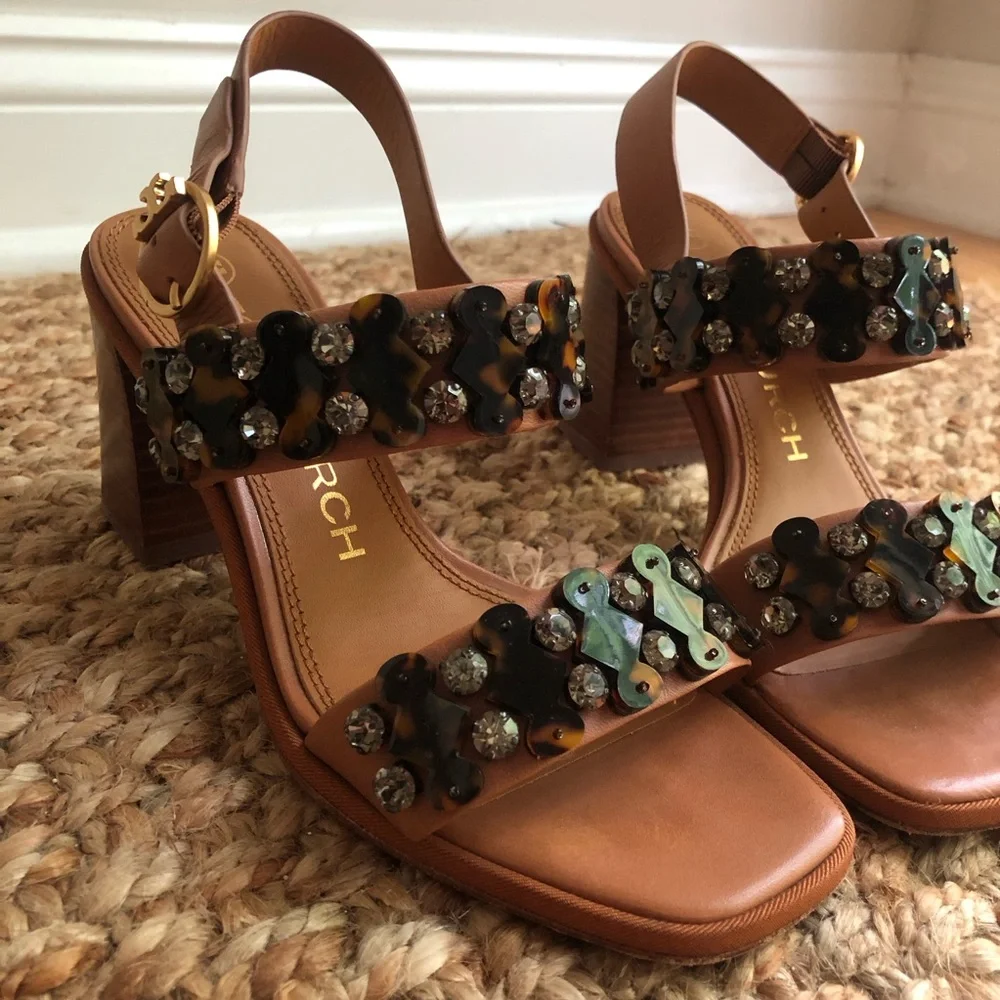 Tory Burch Delaney Embellished Heeled Sandal. Calf Leather. Size 6.5